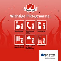 Folgende Piktogramme zum Brandschutz sollten Interesse bei jedem wecken, denn sie kennzeichnen Orte, an denen ihr z. B. Löscheinrichtungen oder Brandmeldeeinrichtungen findet und  geben wichtige Hinweise  zum brandschutzgerechten Verhalten. Alle wichtigen Infos findet ihr außerdem in unserem Faltblatt zum Thema „Brandschutz“ oder in der Broschüre „Vorbeugender Brandschutz und Verhalten im Brandfall“.