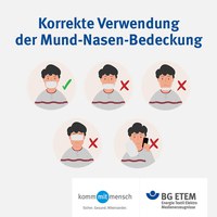 Wie lege ich eine Mund-Nasen-Bedeckung richtig an?
1. Vor dem Anlegen die Hände gründlich mit Seife waschen.
2. Die Verschlussbänder an der oberen Kopfmitte befestigen, Ohrenschlaufen hinter die Ohren ziehen.
3. Nasenbügel (falls vorhanden) anpassen.
4. Die seitlichen Abschlüsse der MNB so dicht und angenehm wie möglich an das Gesicht anpassen.