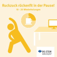 Ruckzuck rückenfit in der Pause! Schon mit kleinen Übungen könnt ihr in der Arbeitspause euren Rücken aufmuntern: jeweils 10 bis 20 Wiederholungen und mindestens drei Durchläufe solltet ihr absolvieren, bis die Entspannung eintritt. Also, nix wie los!