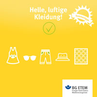 Achtet bei Hitze am besten auf helle und luftige Kleidung. Leicht und luftdurchlässig sollte sie sein und bei direkter Sonneneinstrahlung den Körper gut schützen. Kopfbedeckung, Sonnenbrille und Sonnencreme nicht vergessen!
