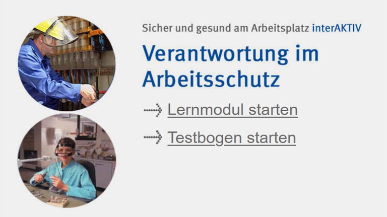 Das Bild zeigt die Startseite des Lernmoduls "Verantwortung im Arbeitsschutz".