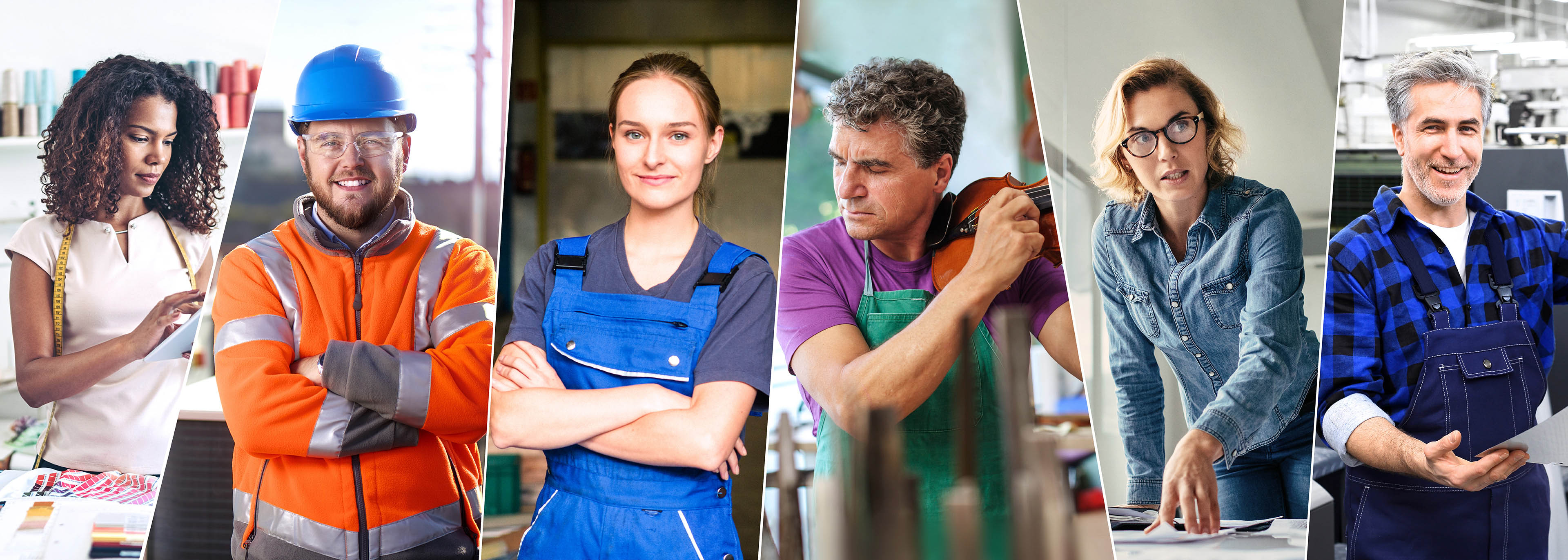 Wir unterstützen Unternehmen im Arbeitsschutz, betreuen Versicherte nach Arbeitsunfällen oder Berufskrankheiten und sichern deren Lebensunterhalt finanziell ab. Die Fotocollage zeigt Personen aus unterschiedlichen Branchen der BG ETEM.