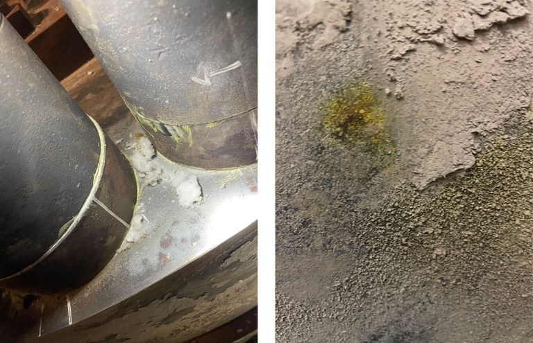 Gelbliche Ablagerungen an Turbinenkomponenten (Bild links) und Dampfdruckleitungen (Bild rechts), welche auf die Anwesenheit von Calciumchromat hingewiesen haben und im Anschluss positiv auf Chrom(VI)-Verbindungen beprobt wurden.