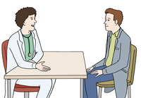 Die Illustration zeigt einen Patienten im Gespräch mit einem Arzt.