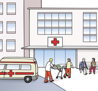 Die Illustration zeigt ein Krankenhaus. Vor dem Krankenhaus bringen zwei Sanitäter einen Patienten auf einer Trage zum Eingang.