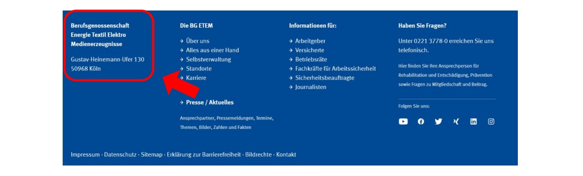 Screenshot Website Fußzeile Adresse