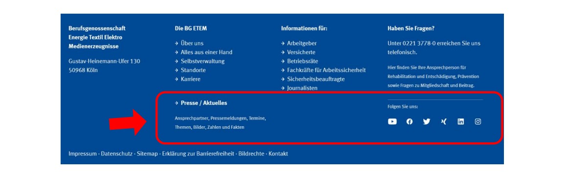 Screenshot Website Fußzeile Presse