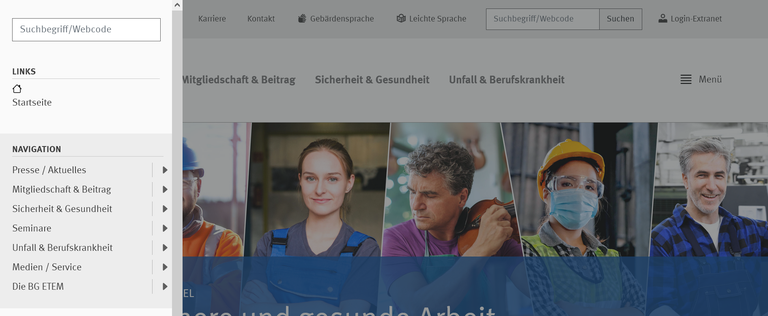 Screenshot Website Hamburger-Menü