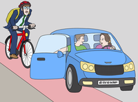 Die Illustration zeigt zwei Personen in einem stehenden Auto und einen Fahrradfahrer. Der Autofahrer öffnet seine Autotür und achtet nicht auf den Fahrradfahrer.