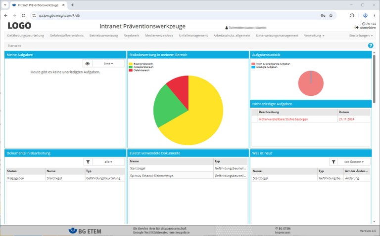 Screenshot der Intranet-Präventionswerkzeuge der BG ETEM Screenshot der Intranet-Präventionswerkzeuge der BG ETEM
